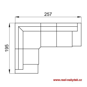 varianta 10 – rohová sedací souprava ALFA: P područka, dvojsedák, roh, element 60, L područka (šířka: 257, hloubka: 195, výška: 76)