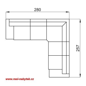 varianta 14 – rohová sedací souprava ALFA: L područka, trojsedák, roh, dvojsedák, P područka (šířka: 280, hloubka: 257, výška: 76)