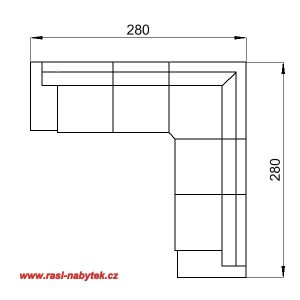 varianta 18 – rohová sedací souprava ALFA: L područka, trojsedák, roh, trojsedák, P područka (šířka: 280, hloubka: 280, výška: 76)
