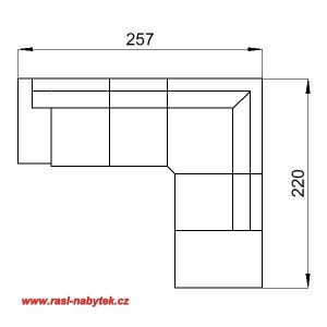 varianta 5 – rohová sedací souprava ALFA: L područka, dvojsedák, roh, element 60, přístavný taburet (šířka: 257, hloubka: 220, výška: 76)